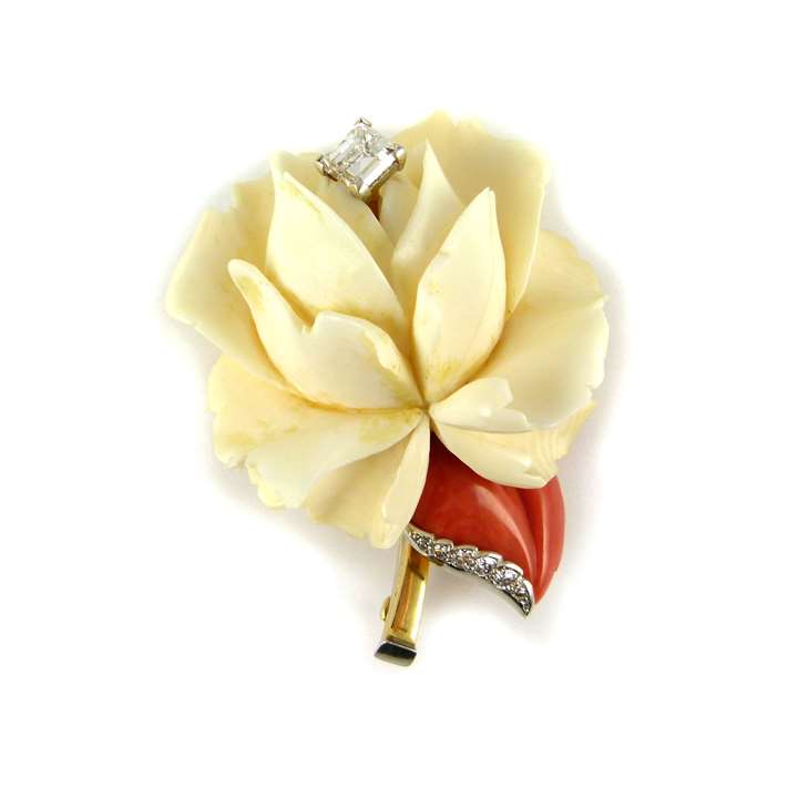Diamond set carved stone flower brooch modelled as a white rose